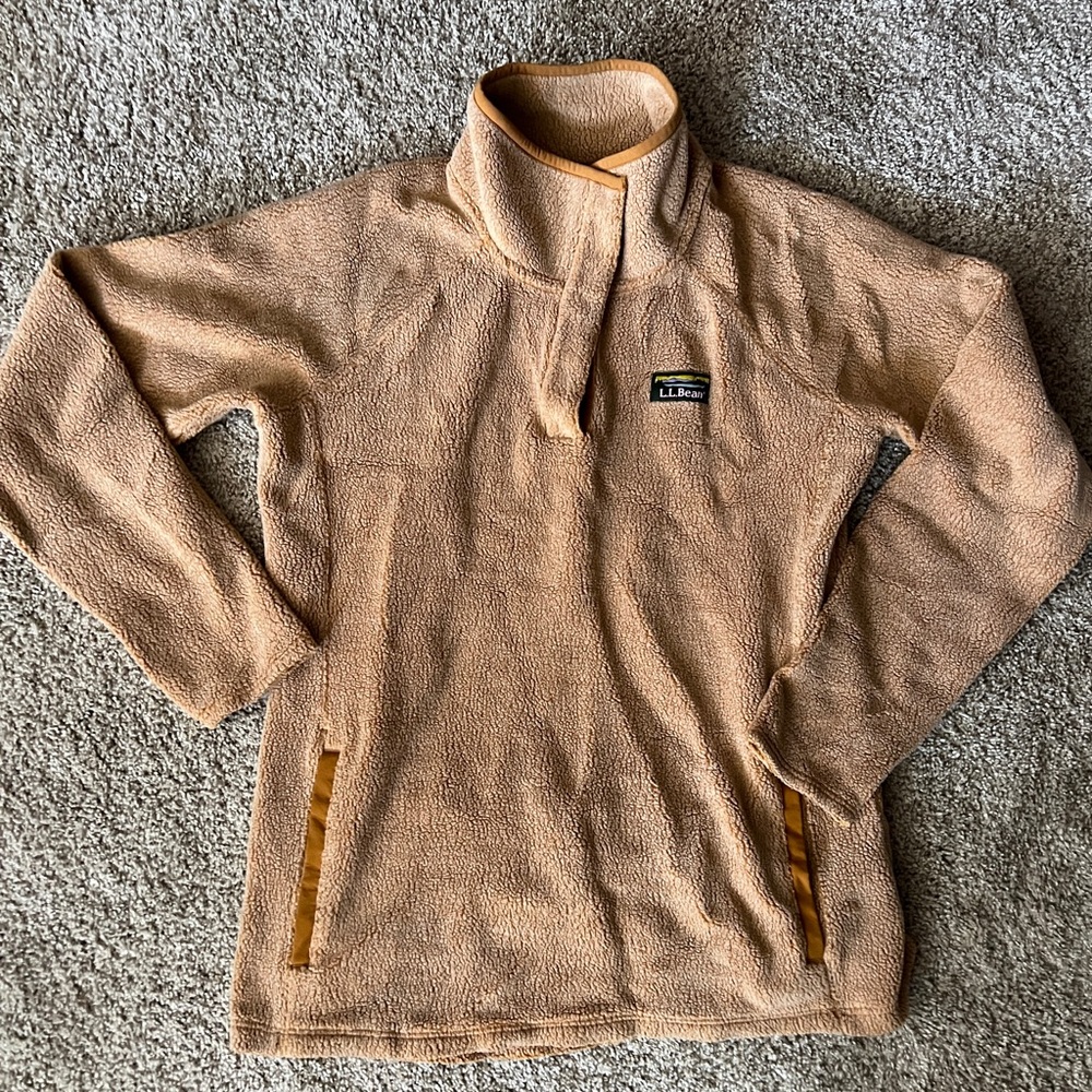 L.L. Bean Women’s Orange Tan 1/4 Zip Fleece Pullover Sweater With Pockets Sz S